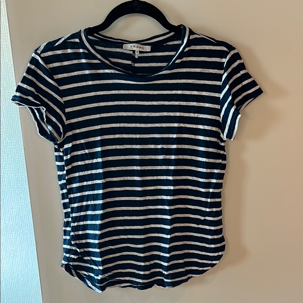Frame Denim Navy and White Striped Top